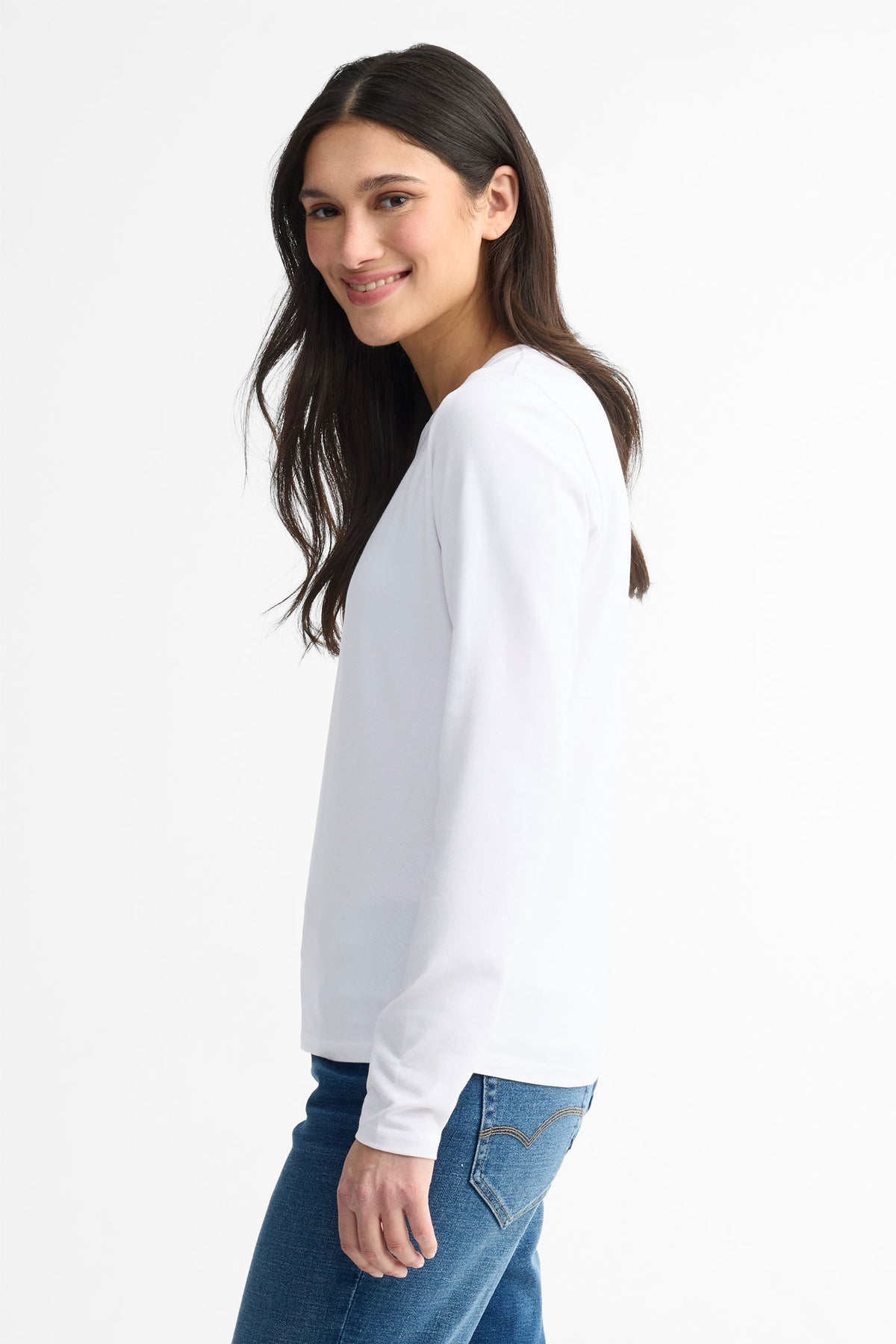 Chandail col rond manches longues coton - Femme && BLANC