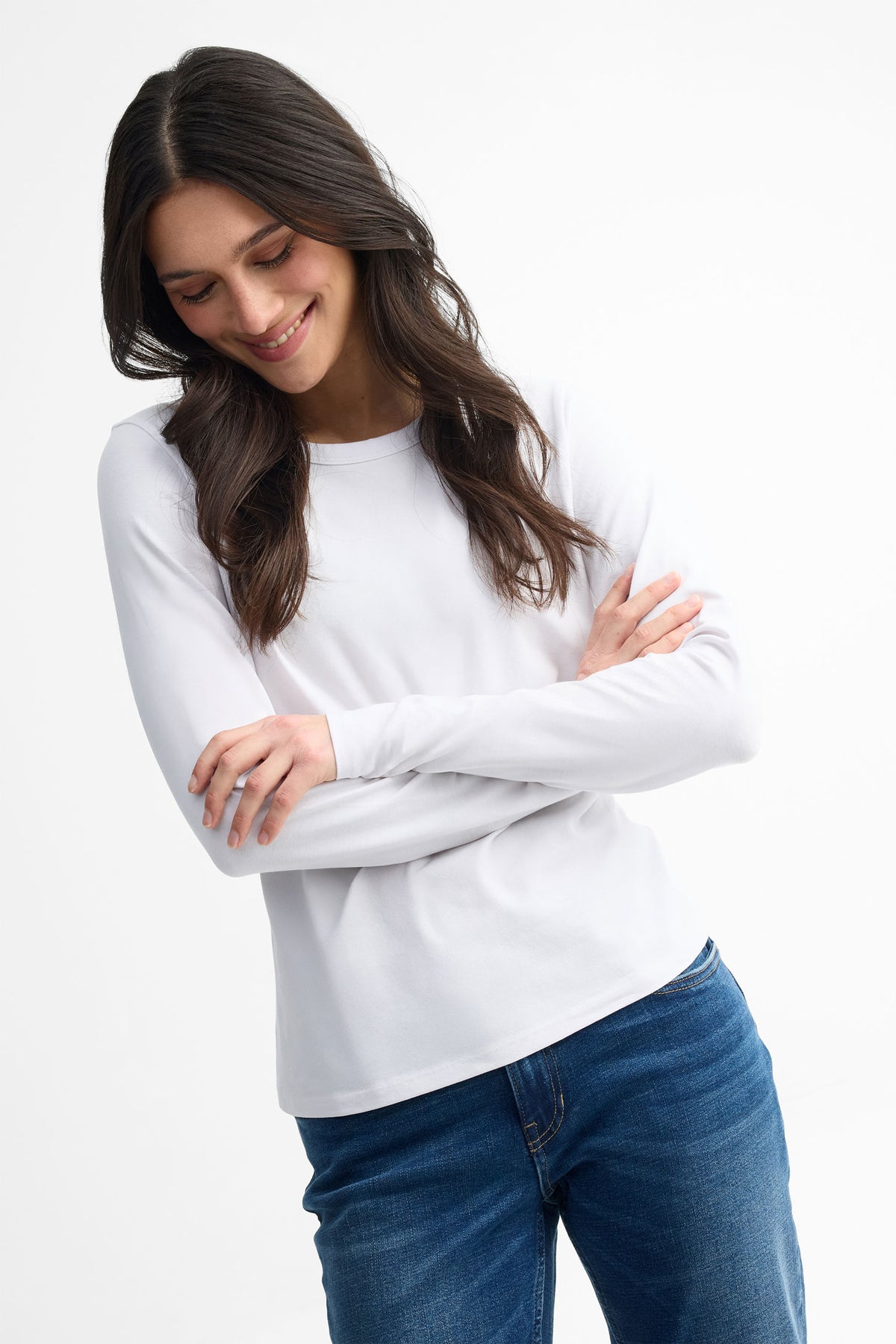 Chandail col rond manches longues coton - Femme && BLANC