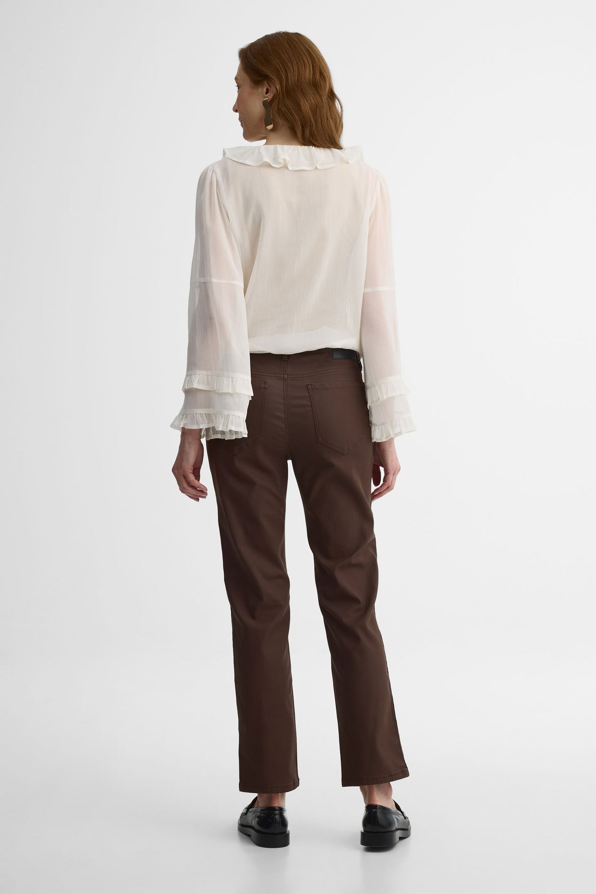 Jeans taille moyenne en denim enduit – Femme && BRUN