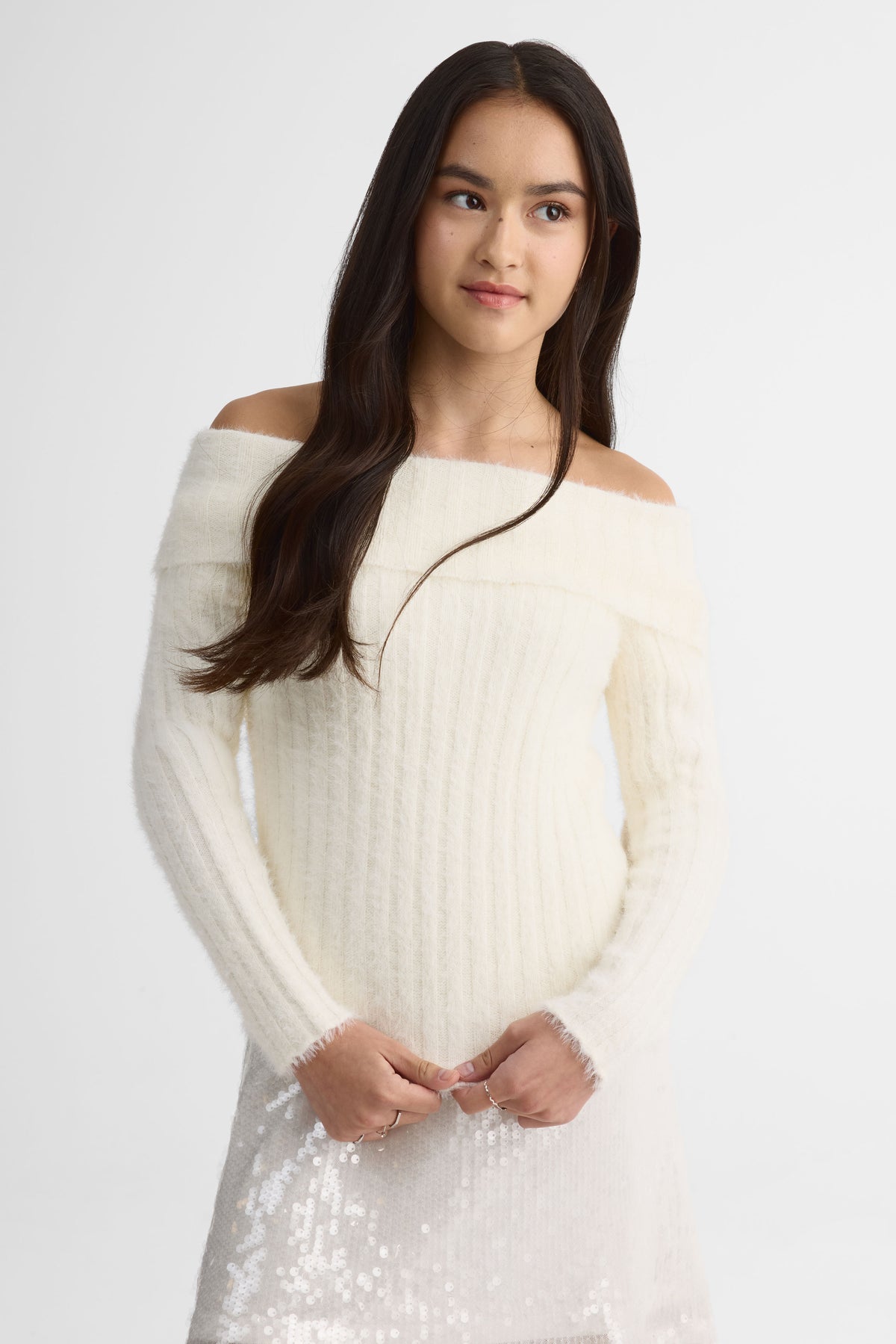 Chandail tricot manches longues col bateau - Ado fille && BLANC CASSÉ