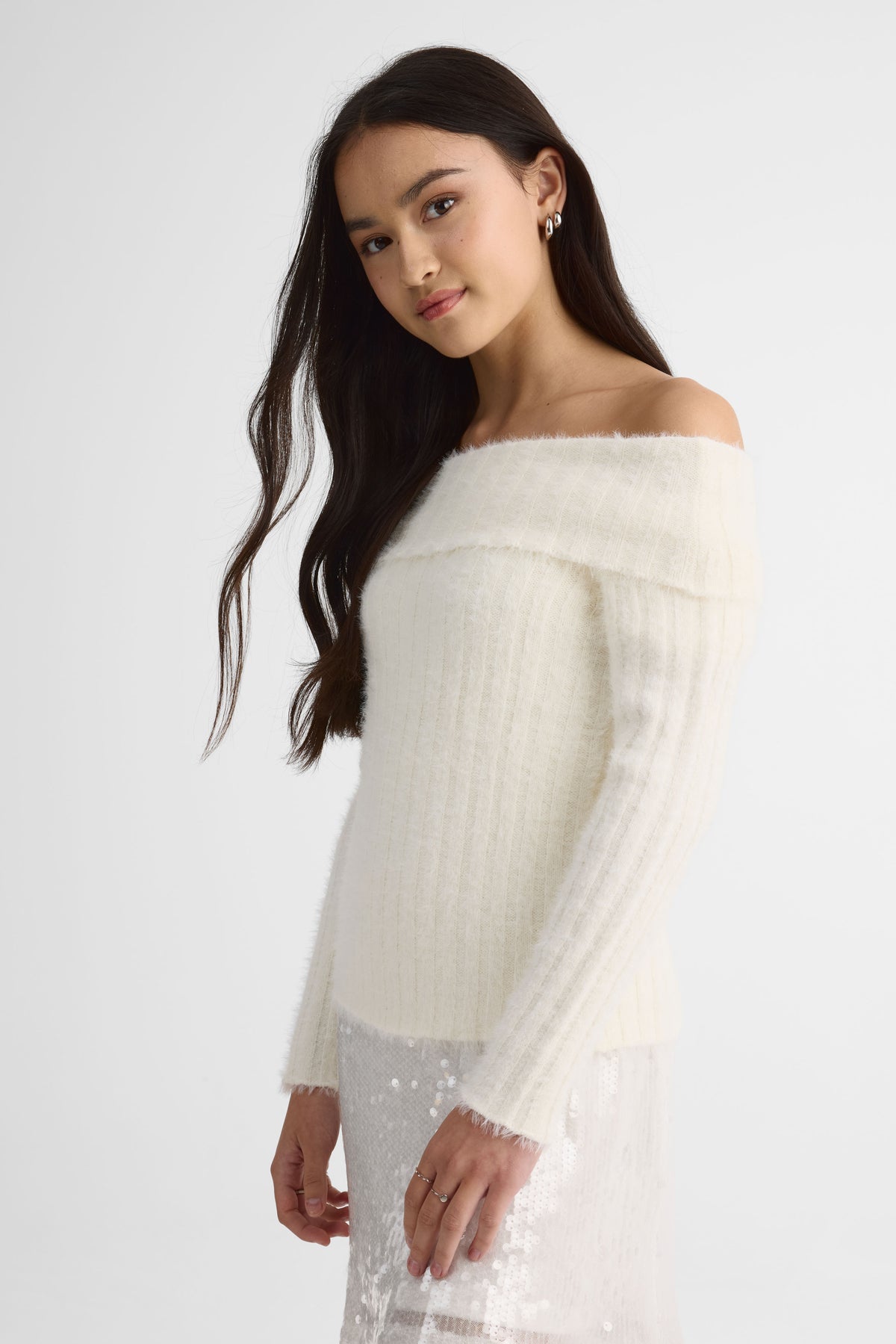 Chandail tricot manches longues col bateau - Ado fille && BLANC CASSÉ