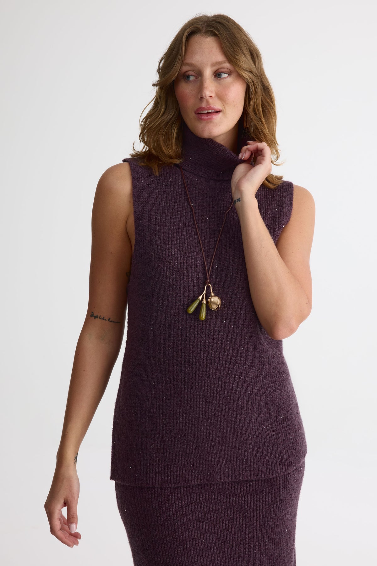 Camisole tricot col roulé en lurex - Femme && PRUNE