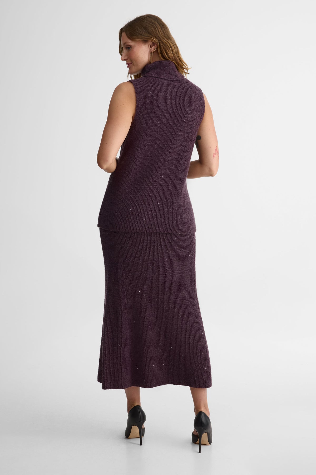 Camisole tricot col roulé en lurex - Femme && PRUNE
