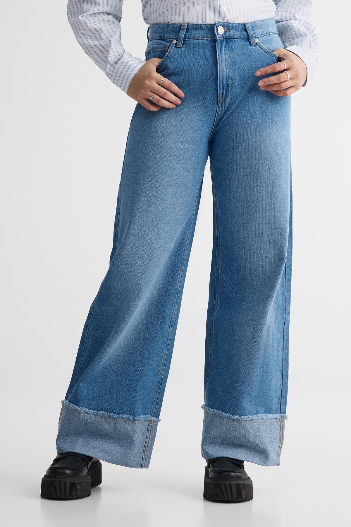 Jeans baggy taille basse en denim rigide - Femme && DENIM MOYEN
