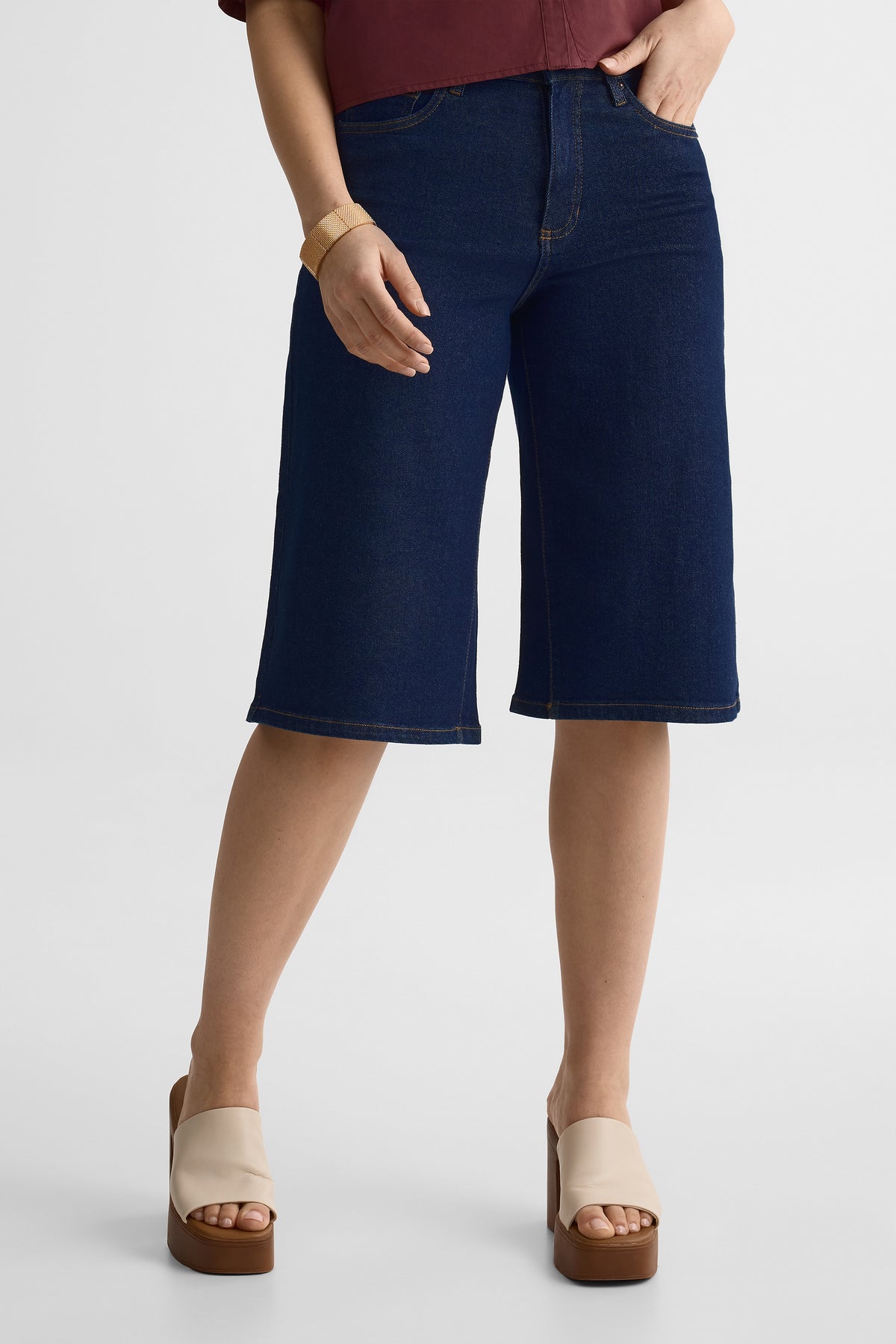 Bermudas en denim taille haute – Femme && DENIM FONCE