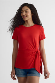 T-shirt col rond nouée au côté - Femme && ROUGE