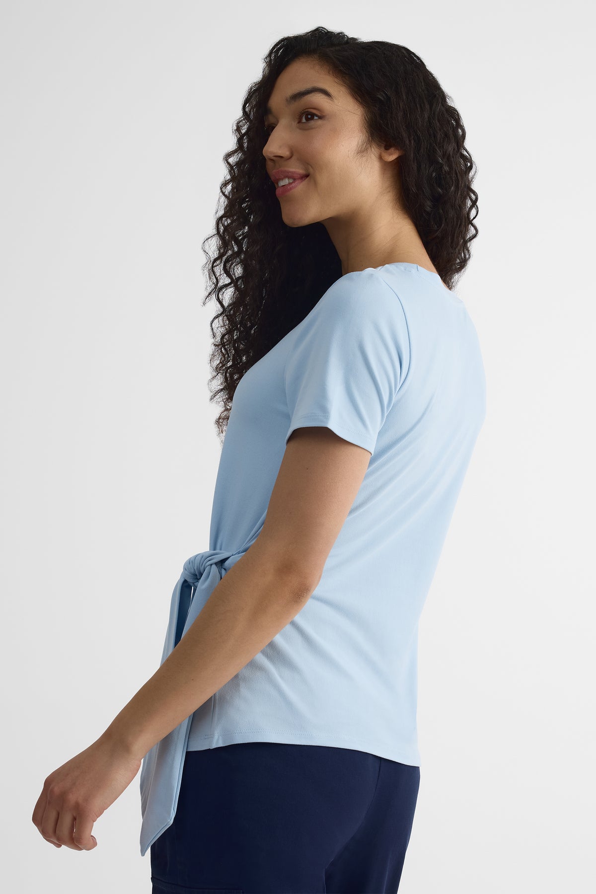 T-shirt col rond nouée au côté - Femme && BLEU