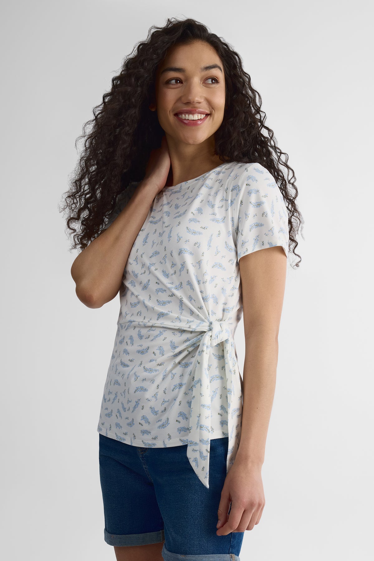 T-shirt col rond nouée au côté - Femme && BLANC CASSÉ/MULTI