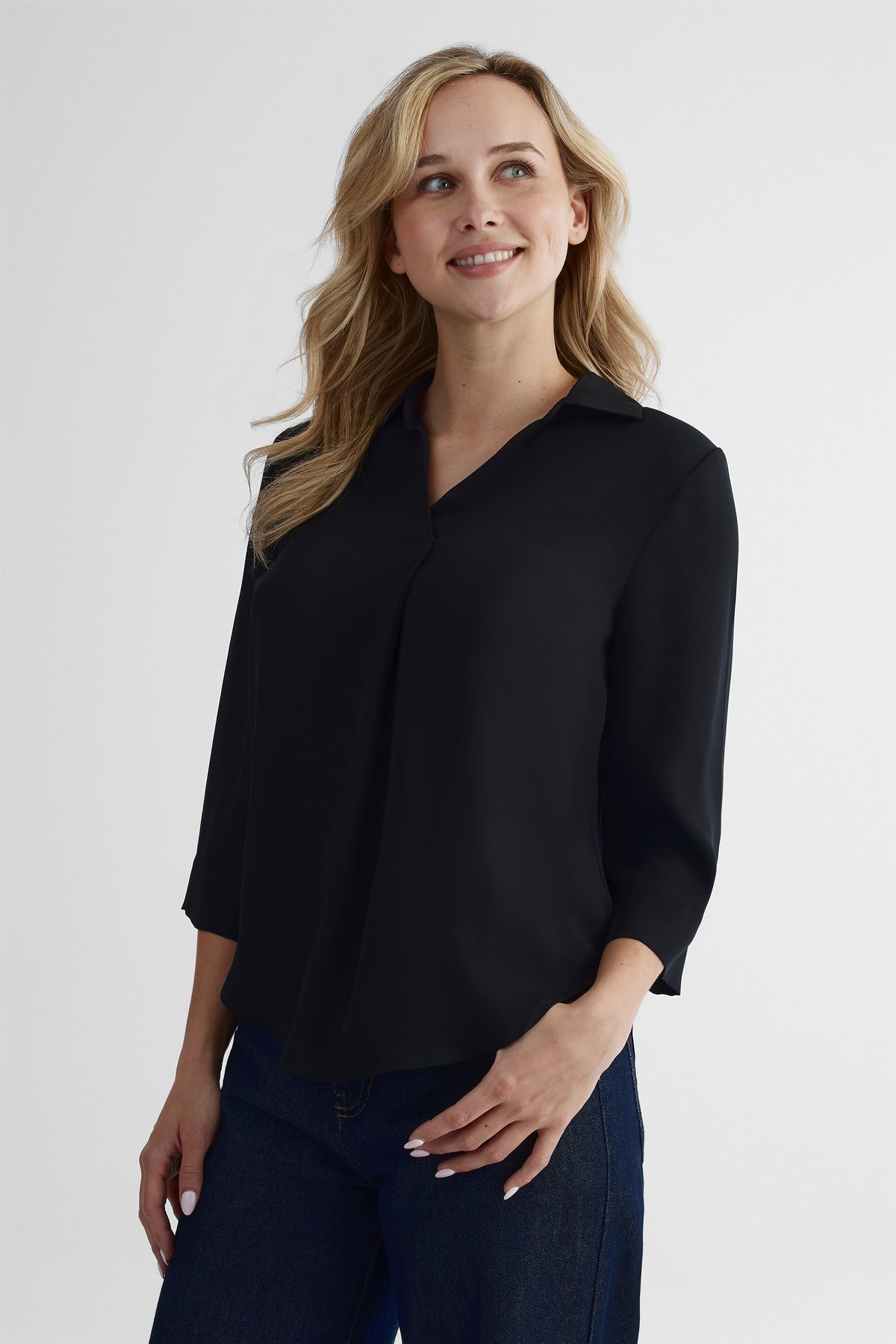 Chemisier manches 3/4 en georgette - Femme && NOIR