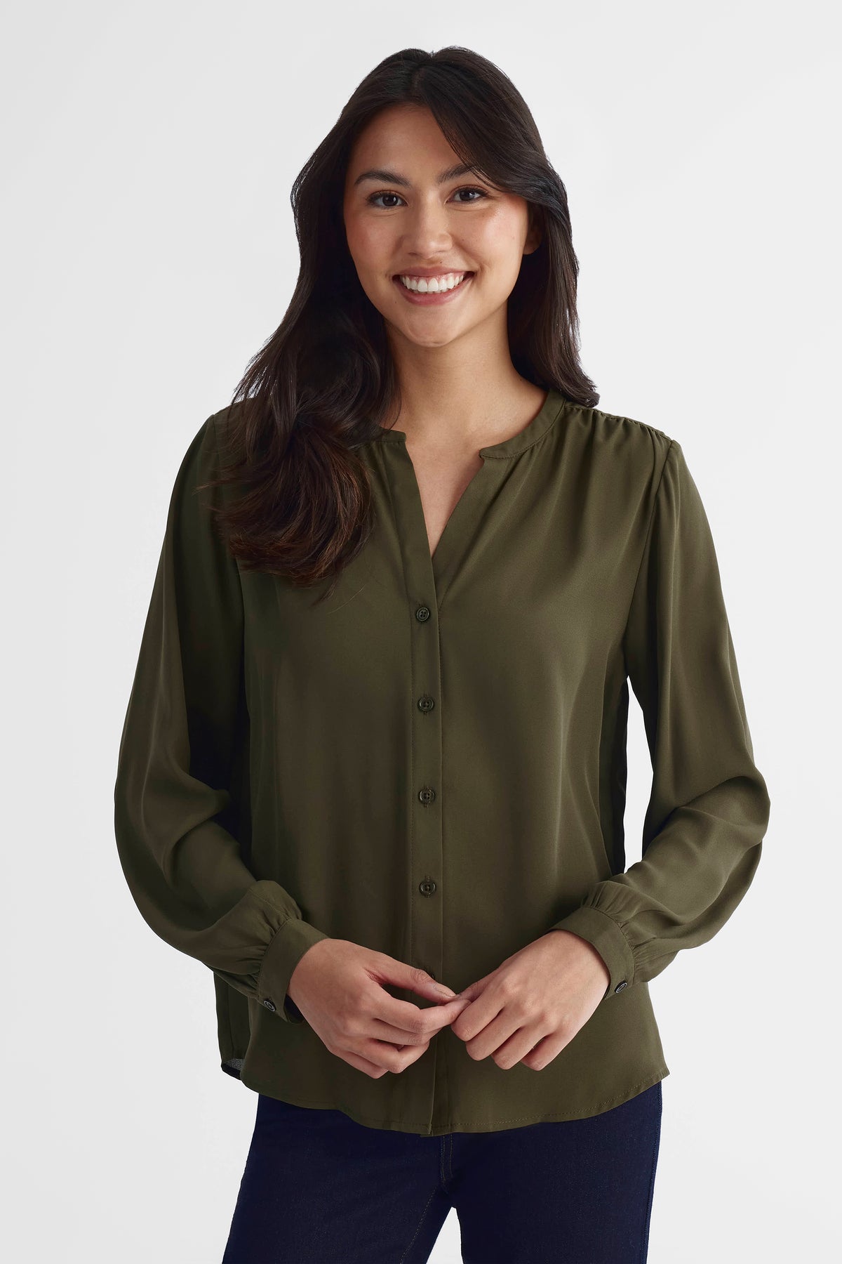 Blouse à manches longues en georgette - Femme && OLIVE
