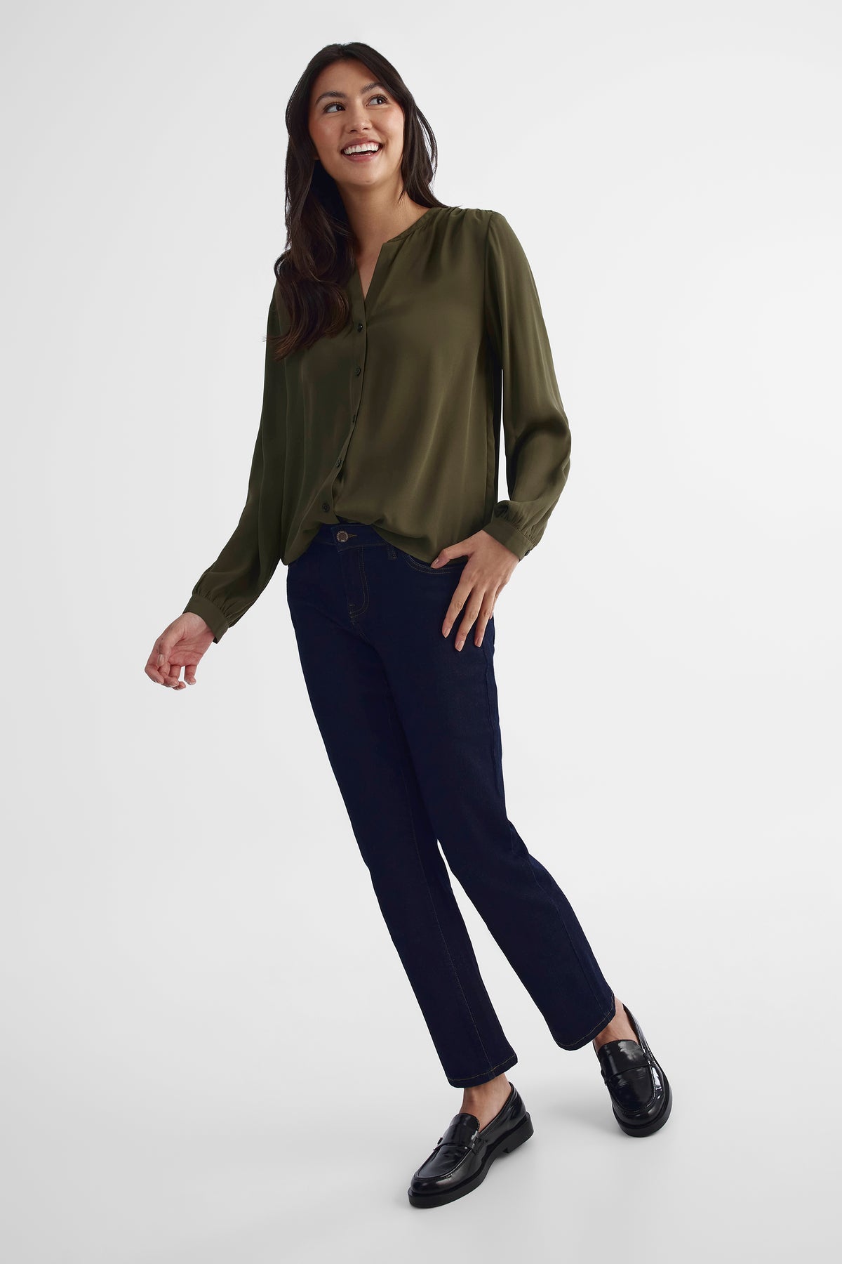 Blouse à manches longues en georgette - Femme && OLIVE