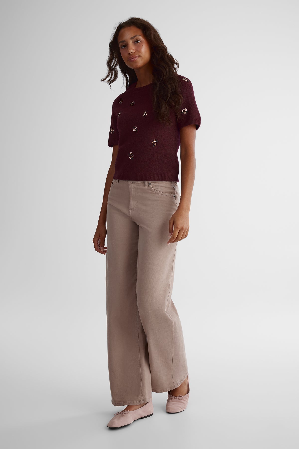 Chandail en tricot à manches courtes - Femme && BRUN