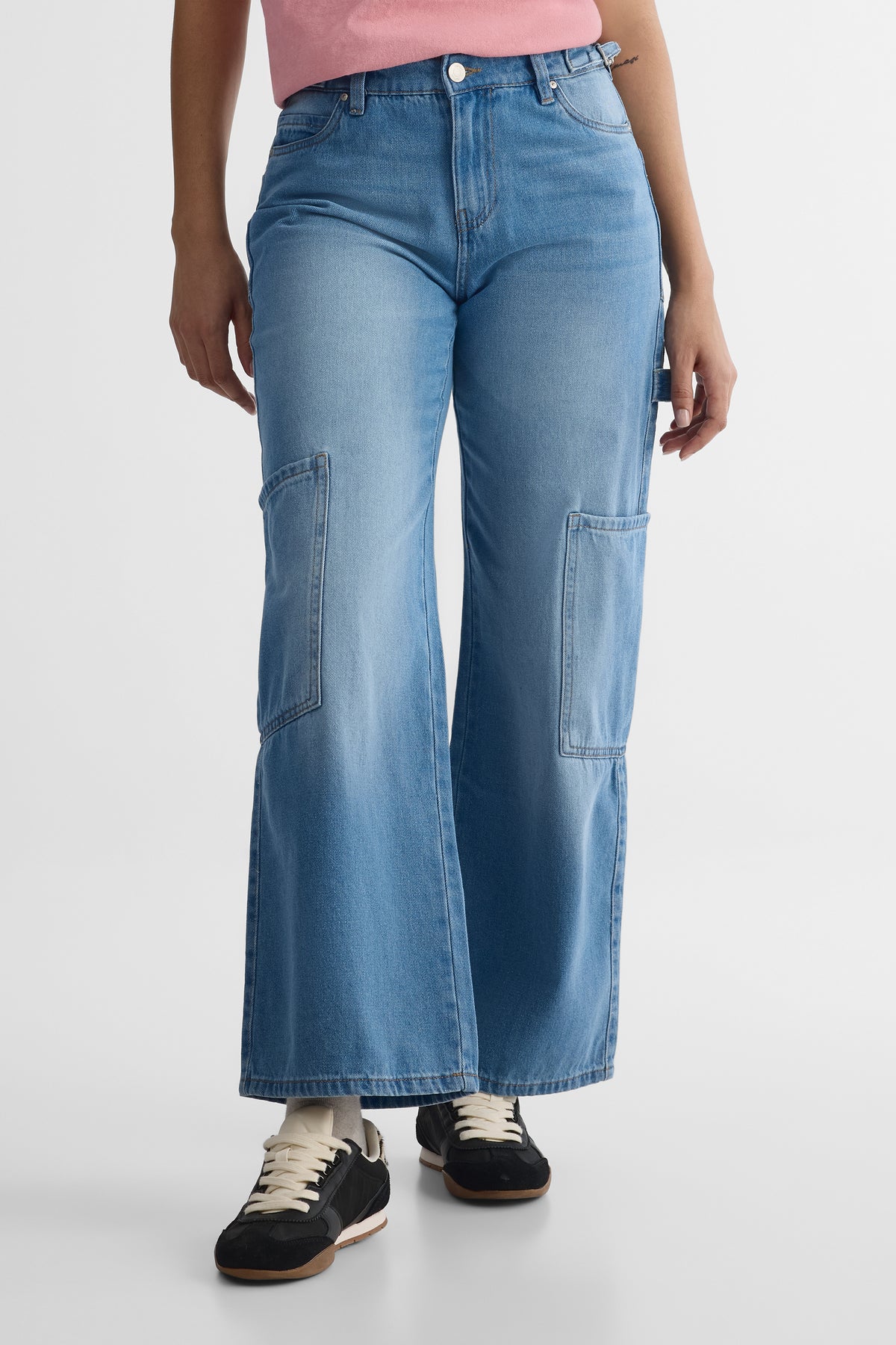 Jeans baggy taille mi-haute en denim - Femme && DENIM MOYEN
