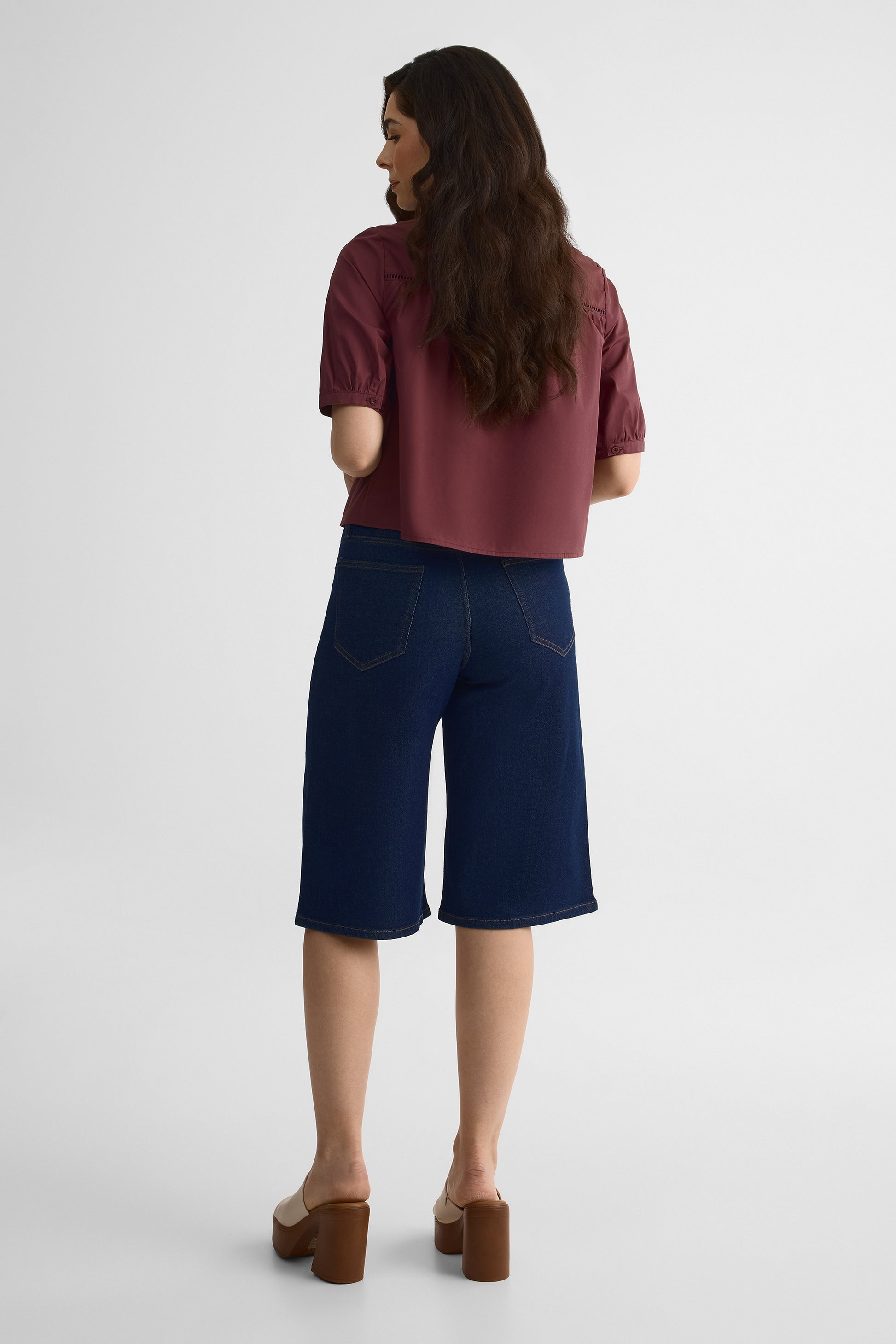 Short bermuda en jean taille haute – Femme && DENIM FONCE