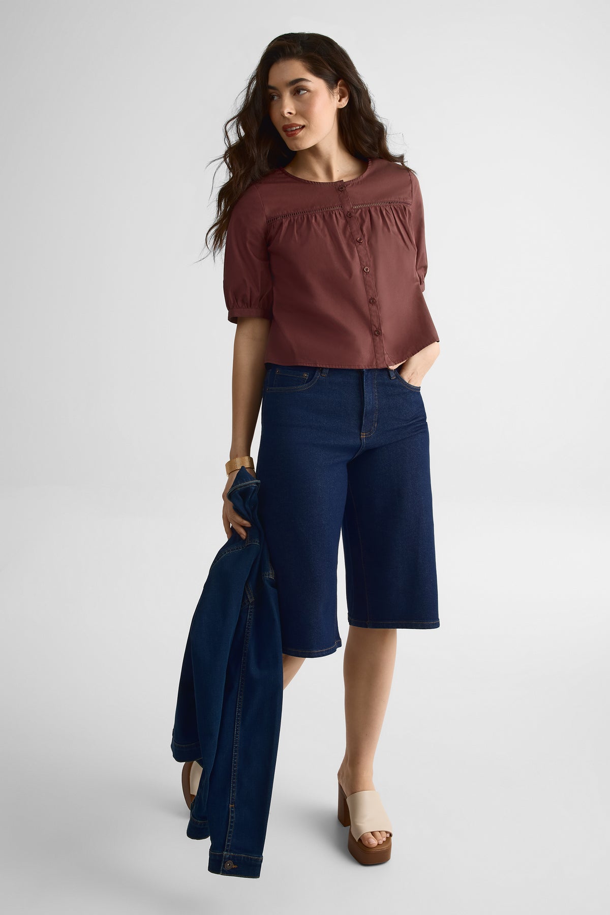 Short bermuda en jean taille haute – Femme && DENIM FONCE